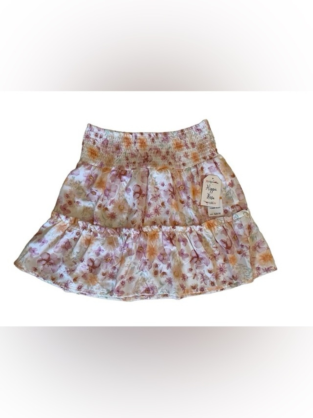 Hippie Rose White Floral Smocked Tiered Mini Skirt - Pink, Orange